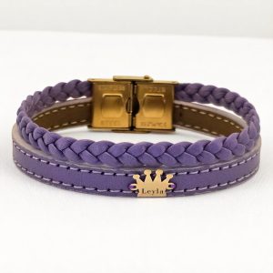 14 Ayar Altın Plakalı İsme Özel Taç Motifli Hakiki Mor Derili Hediye Bileklik-516