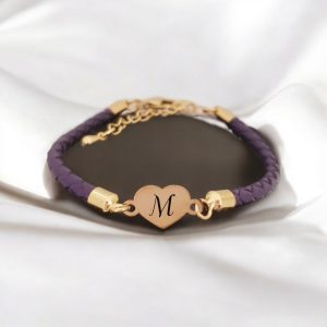 14 Ayar Altın Plakalı Harfe Özel Kalp Figürlü Doğal Mor Derili Hediye Bileklik-472