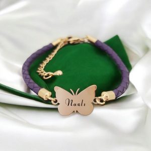 14 Ayar Altın Plakalı İsme Özel Hakiki Mor Derili Kelebek Motifli Hediye Bileklik-469