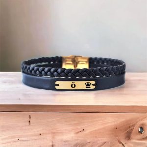 14 Ayar Altın Plakalı Harfe Özel Hakiki Siyah Derili Taç Motifli Hediye Bileklik-580