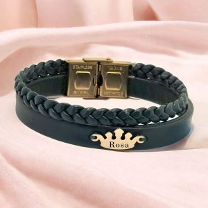 14 Ayar Altın Plakalı İsme Özel Taç Motifli Hakiki Koyu Yeşil Derili Hediye Bileklik-641