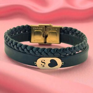 14 Ayar Altın Plakalı Harfe Özel Kalp Detaylı Oval Motifli Koyu Yeşil Derili Hediye Bileklik-560