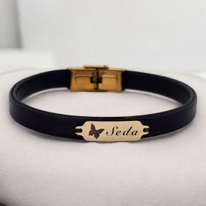 14 Ayar Altın Plakalı İsme Özel Doğal Siyah Derili Kelebek Figürlü Hediye Bileklik-646