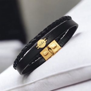 14 Ayar Altın Plakalı İsme Özel Yuvarlak Motifli Doğal Siyah Derili Hediye Bileklik-547