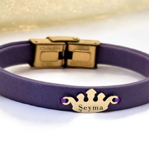 14 Ayar Altın Plakalı İsme Özel Taç Figürlü Doğal Mor Derili Hediye Bileklik-636