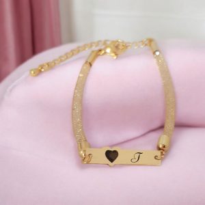 14 Ayar Altın Plakalı Harfe Özel Hasır Kordonlu Kalp Motifli Hediye Bileklik-528