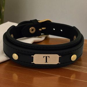 14 Ayar Altın Plakalı Harfe Özel Hakiki Siyah Derili Oval Figürlü Hediye Bileklik-564