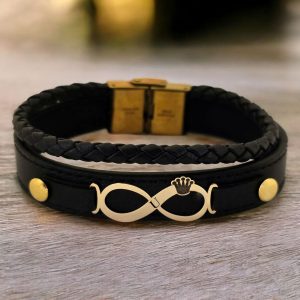14 Ayar Altın Plakalı Harfe Özel Hakiki Siyah Derili Taç Detaylı Sonsuzluk Figürlü Hediye Bileklik-615