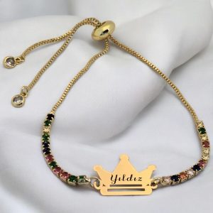 14 Ayar Altın Plakalı İsme Özel Zincirli Renkli Taş Desenli Taç Motifli Hediye Bileklik-489