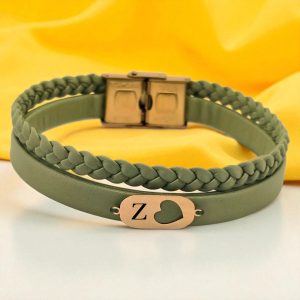 14 Ayar Altın Plakalı Harfe Özel Kalp Detaylı Oval Motifli Doğal Yeşil Derili Hediye Bileklik-556