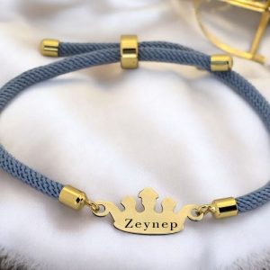 14 Ayar Altın Plakalı İsme Özel Taç Motifli Mavi İpek Örgülü Hediye Bileklik-620