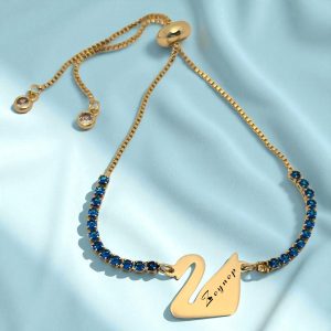 14 Ayar Altın Plakalı İsme Özel Kuğu Kuşu Figürlü Altın Renkli Zincirli Mavi Taş Desenli Hediye Bileklik-600
